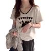 A large-sized cotton V-neck short-sleeved T-shirt for women, a new summer fashion in 2025. It's a top for slightly overweight girls to look slimmer and cover their bellies Item Picture